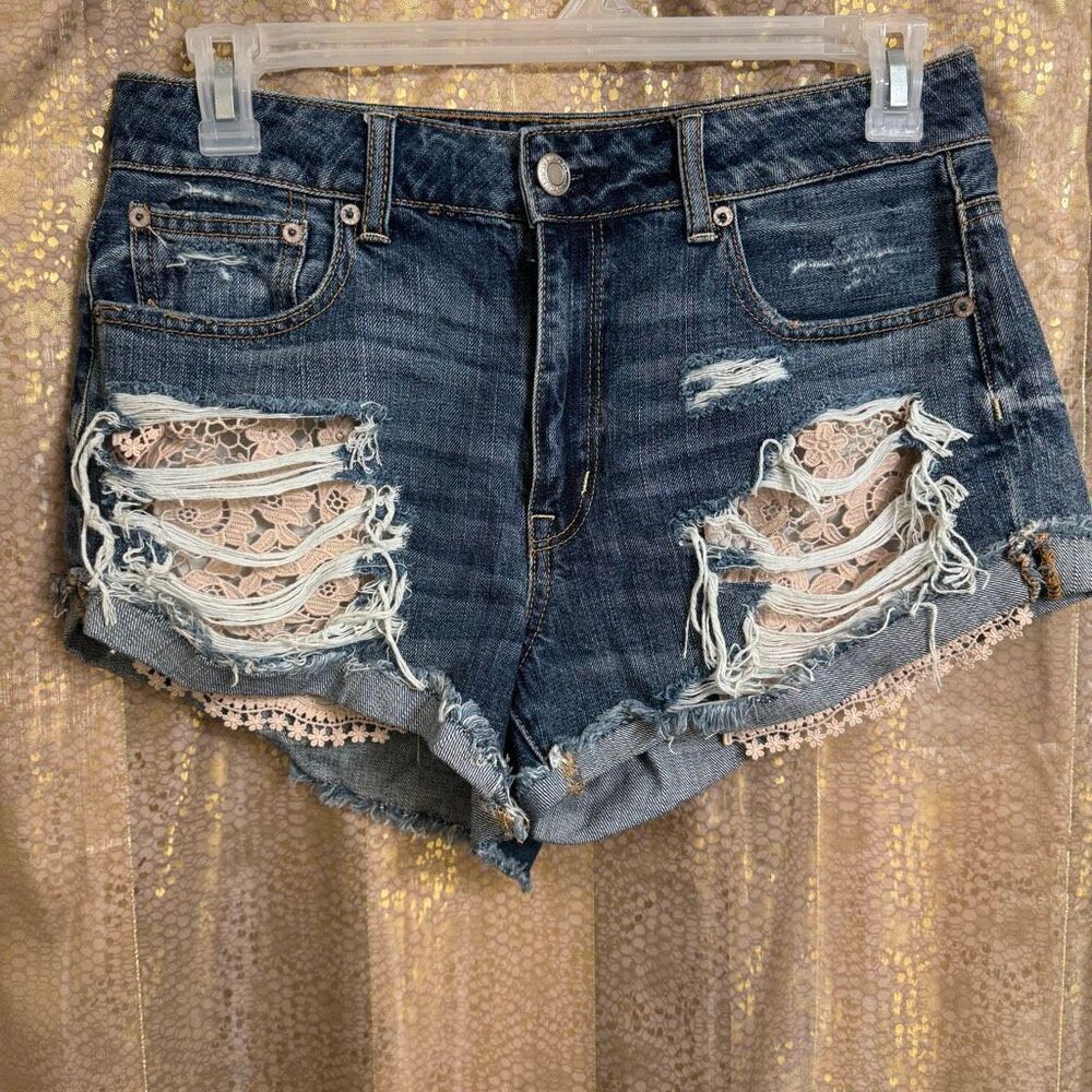 American Eagle Hi Rise Crochet Pocket Boho Distressed Festival Shorts 10